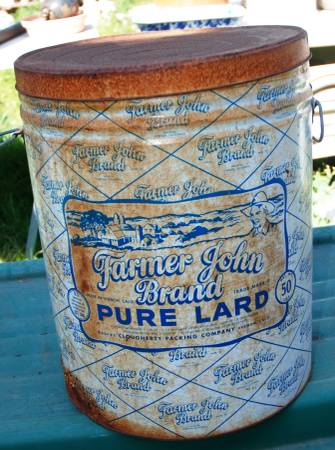 VINTAGE 16" LARGE FARMER JOHN BRAND LARD 50 LB ROUND TIN/CAN W/ LID 1