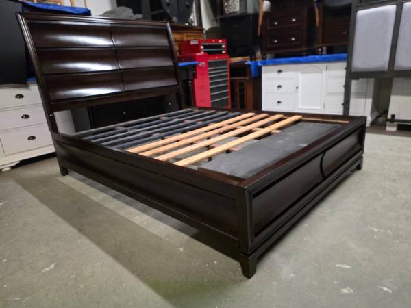 Brown Rustic Queen Size Platform Bed Frame with 2 Drawers 1