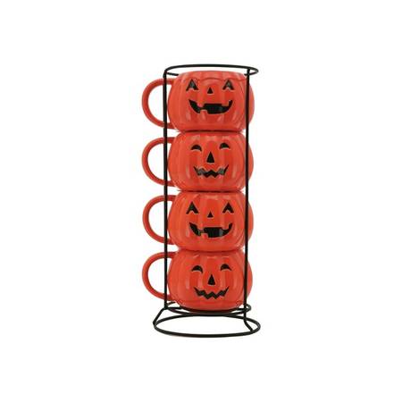 4 Pumpkin stacking mugs, wire rack, festive, brand new set 1