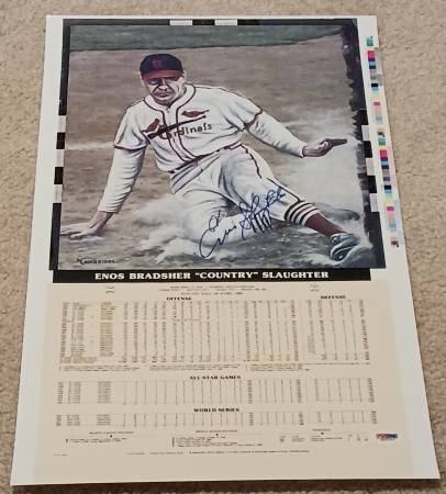 Enos Slaughter AUTO/Signed 12x20 Print Stat Cardinals Mad Dash PSA 1