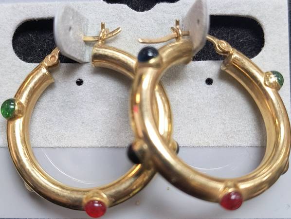 14k Yellow Gold HOOP EARRINGS w/ Green Blue & Red Gemstones 1