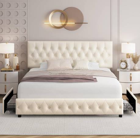 Keyyluv Modern Upholstered Bed Frame with 4 Storage Drawers, Button Tufted Headb - $100 (Atlanta)63470458059907120