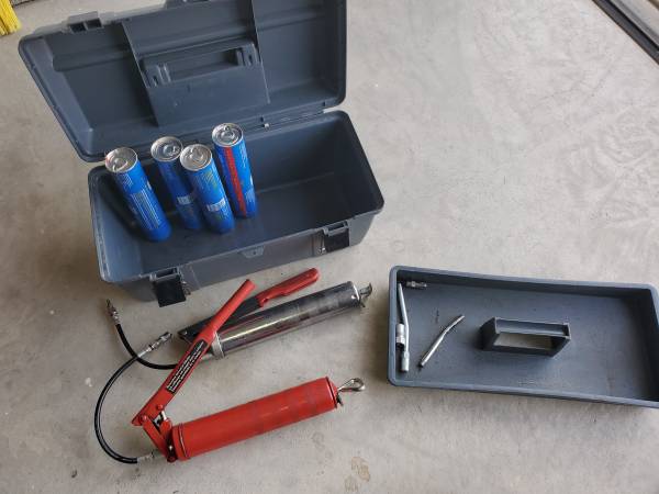 (2) Grease Guns w/ Grease & Tool box 1