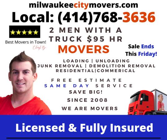 🟢MILWAUKEE & JUNK MOVERS 414 7683636🟢🔵🟢$25HR LABORS🟢2 MEN W TRUCK 1