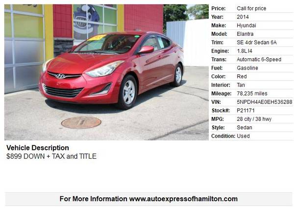 2014 Hyundai Elantra SE $799 DOWN + TAX, BUY HERE / PAY HERE - $799 (Hamilton)63470428608387121