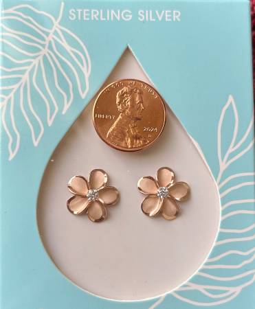 Sterling Silver Rose Gold Plumeria Flower Stud Earrings (Brand New) 1