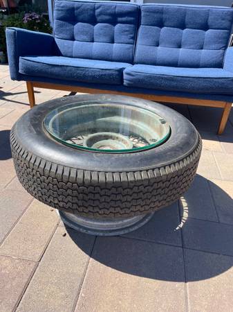 Vintage Wheel and Tire Side / Coffee Table with Glass 1