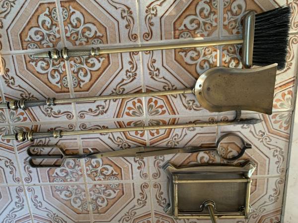 Vintage 1980s Solid Brass Fireplace 5-Piece 31” Tool Set Heavy 1