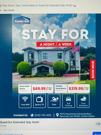 $319 / 1br - 400ft2 - $69.99 Daily Plus tax  $320 weekly plus tax GUEST INN No Credit check (ATLANTA)63738115355777120
