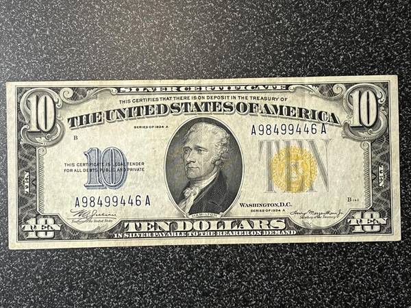 $10 Silver Certificate US Currency - WWII Africa, Series 1934 A 1