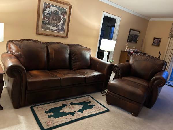 Leather couch, chair, and ottoman 1