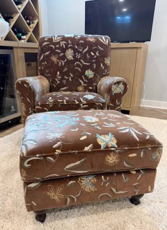 Thomasville Brown Velour Embroidered Chair and Ottoman 1