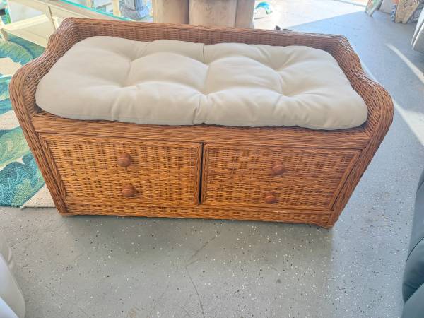 Wicker bench with cushion and drawers 1