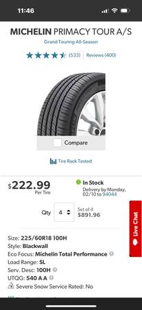 Michelin Primacy Tour A/S 225/60r18 (6,300mi on set) 1