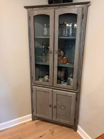 Distressed Gray Vintage Corner Hutch Cabinet 1