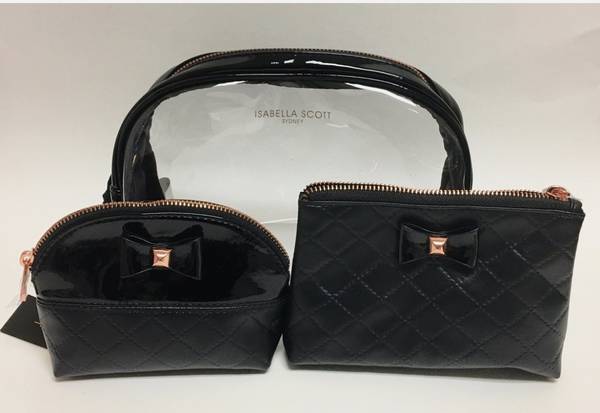 NEW 3 PC SET ISABELLA SCOTT BLACK PVC+ROSE GOLD COSMETIC,Bag 1