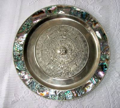 Vintage Aztec Brass and Abalone Shell Inlay Tray/Charger 1
