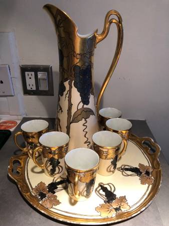 Hand-painted art deco pitcher, platter and glasses 1
