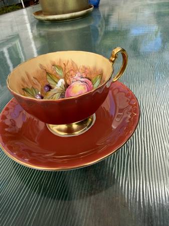 Vintage Aynsley Orchard Gold Teacup and Saucer Set - Burgundy Red