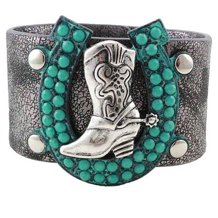 New Western Grey color distressed leatherette bracelet w/ a horseshoe 1
