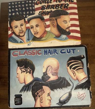 TWO VINTAGE HAND PAINTED BARBERSHOP SIGNS ON WOOD FROM GHANA AFRICA 1