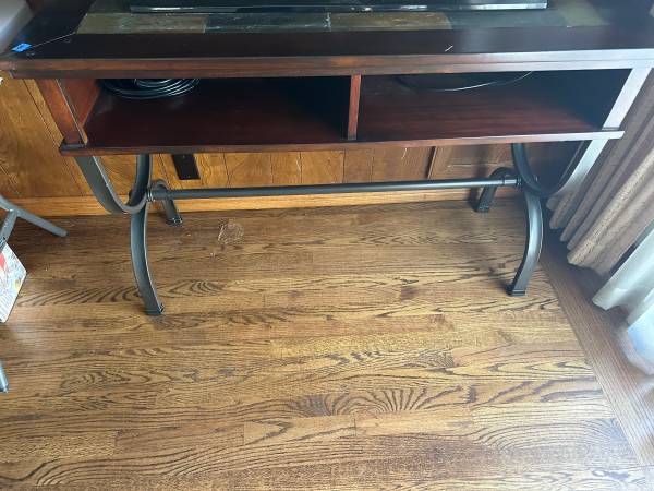 Beautiful TV stand base. Tile with wood and shelf 1