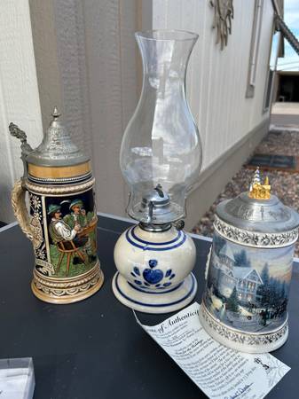 Beer Steins, Vintage Lamp, silver plated tray, 6 brass napkin holders 1