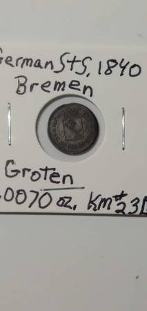 1840 Silver/Billon 1 Groten Coin-German States (City of Bremen) 1