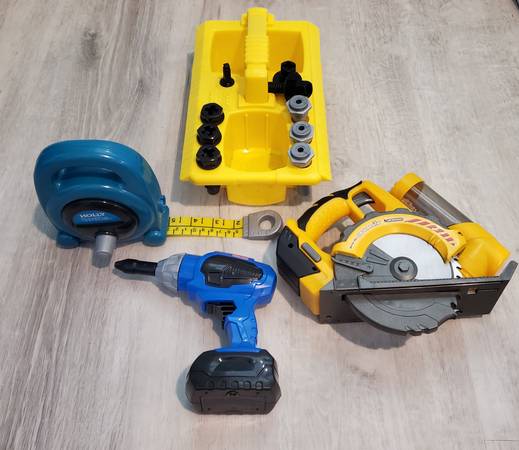 Tool toys- motorized drill & circular saw, tape measure 1