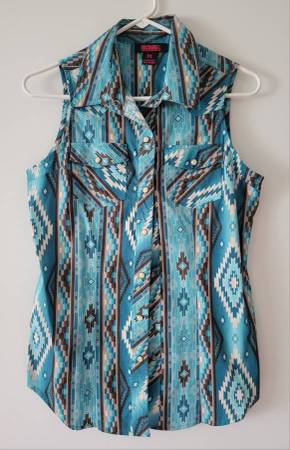 Rock and Roll Denim Ocean Aztec Print Sleeveless Snap Top shirt 1