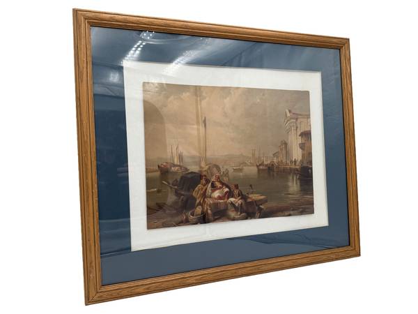 Orientalist Harbor Scene Print Framed Signed 1859 Classical Port Art 1
