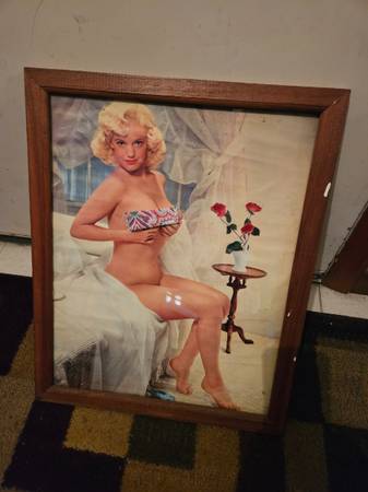 Large risque pin up poster in an old wood frame 1