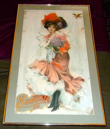 Stunning Vintage Budweiser Beer Girl Framed Advertising Poster 1