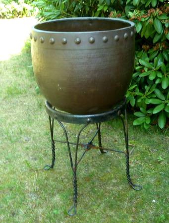 Antique copper planter & Iron base,30" Tall,16" Dia. 1