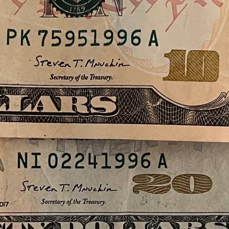$10 & $20 Date Serial # 02/24/1996 1