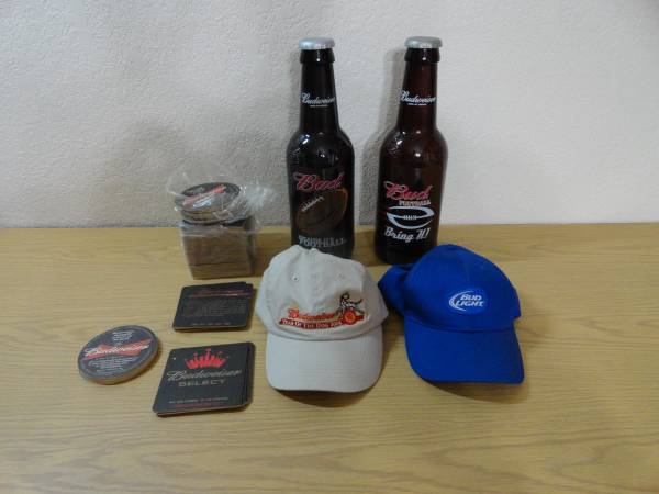 Budweiser hats, bottles and coasters All for $40.00 1