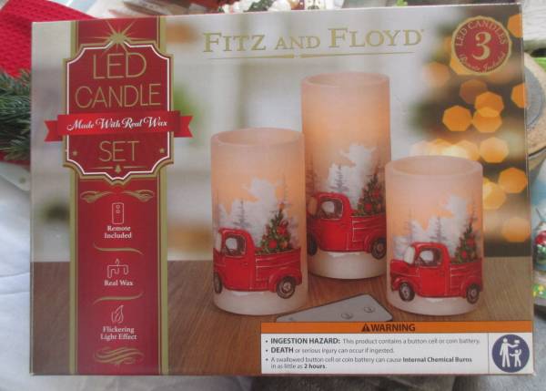 Fitz & Floyd 3-pc LED Candle Set w/ Remote Christmas Red Trucks & Tree 1