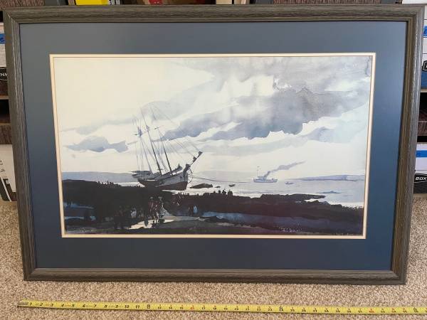 Schooner Aground At Low Tide, Framed Picture! 38” x 26’ Excellent! 1