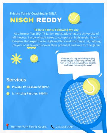 Former D1 College Tennis Player - Private Lessons & Hitting in NELA 1