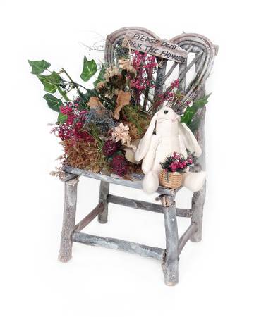 Handcrafted Twig Chair, Dried Flowers & Bunny Arrangement 1
