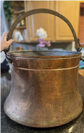 Antique HUGE Cauldron Pot Hand Hammered Copper Cast Bronze Firewood Bu 1