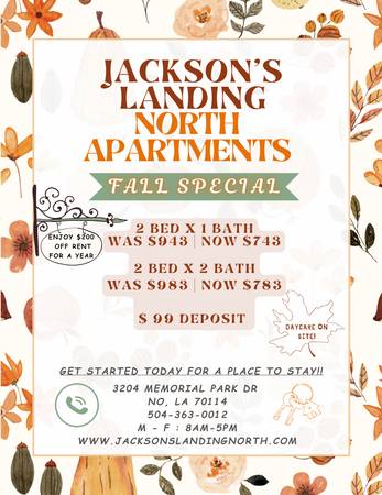 $783 / 2br - 2 BEDROOM FALL SPECIAL @ JACKSON'S LANDING NORTH APARTMENTS (New Orleans,LA)63903651563395120
