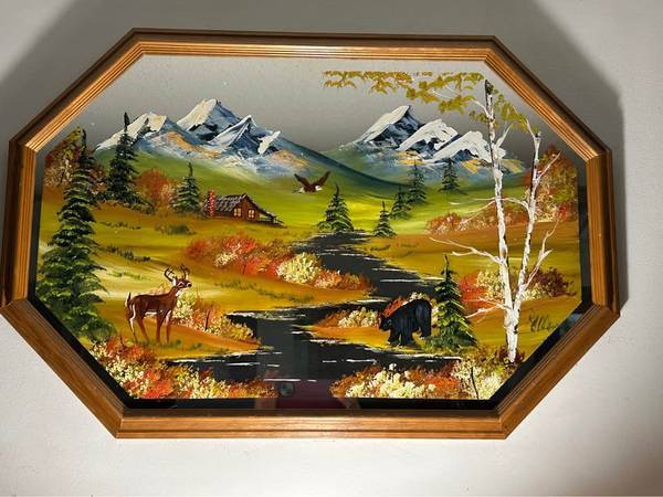 Beautiful hand painted mirror. 30” X 20”.  Purchased many years ago 1
