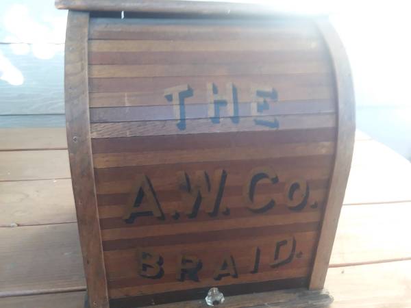 ORIGINAL LATE 1800's AW BRAID SEWING CABINET WITH ACCESSORIES 1