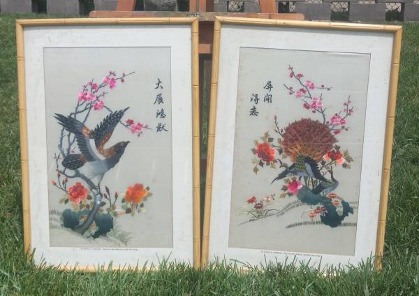 2 Signed Oriental BIRD Needlework on Silk 1