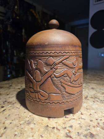 Vintage Wood Carved Polynesian Covered Jar 1