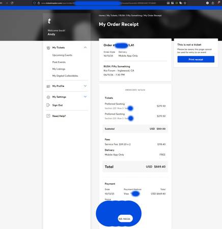 RUSH - June 11, LA - Sec 233 Row 3 (x2) 1