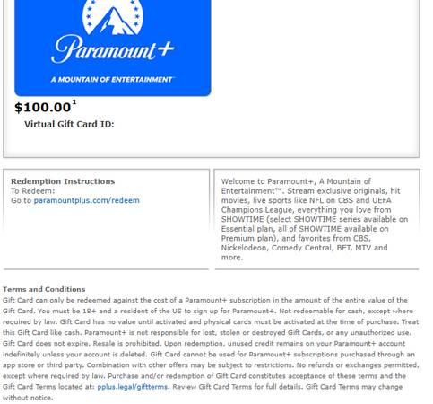 Paramount + Plus $100 gift card 1