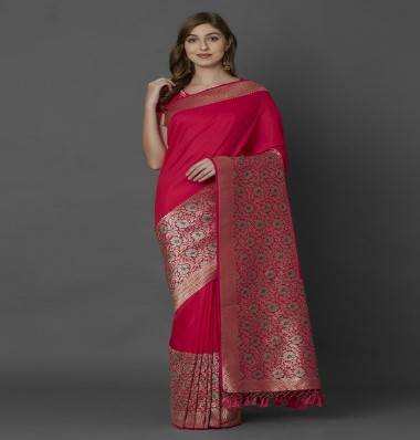 Mitera Pink Silk Blend Woven Design Kanjeevaram Saree 1