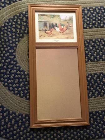 Farm scene mirror with wooden frame. 27 1'2" x 12 1/2". 1